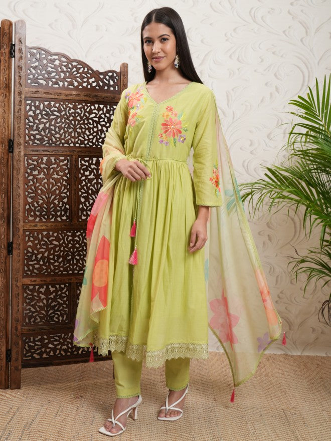 Vishudh Women Yellow Embroidered Kurta With Trouser And Dupatta - Yellow - Image 2