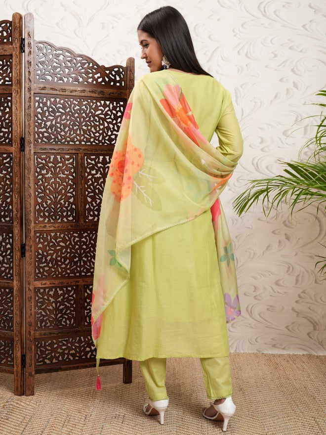 Vishudh Women Yellow Embroidered Kurta With Trouser And Dupatta - Yellow - Image 3