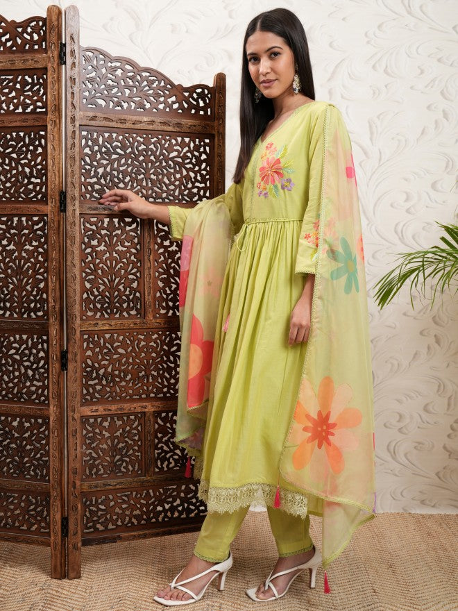 Vishudh Women Yellow Embroidered Kurta With Trouser And Dupatta - Yellow - Image 4