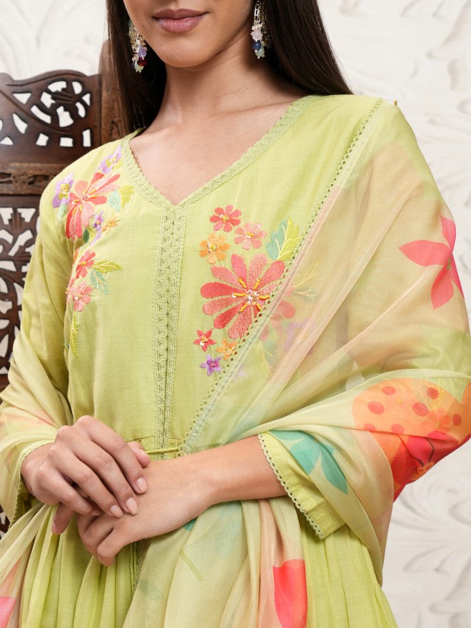 Vishudh Women Yellow Embroidered Kurta With Trouser And Dupatta - Yellow - Image 5