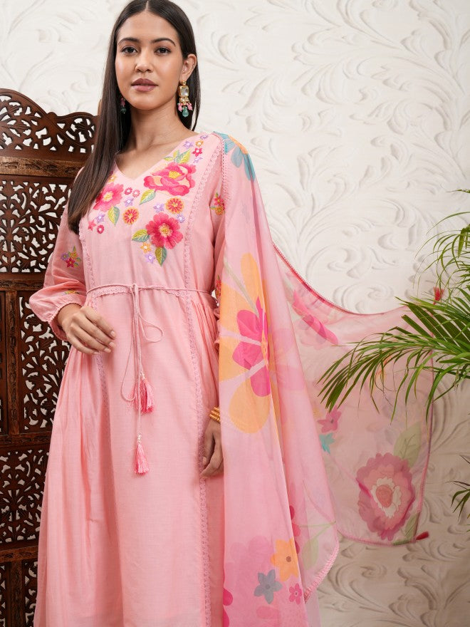 Vishudh Women Peach Printed Kurta With Trouser And Dupatta - Peach - Image 1