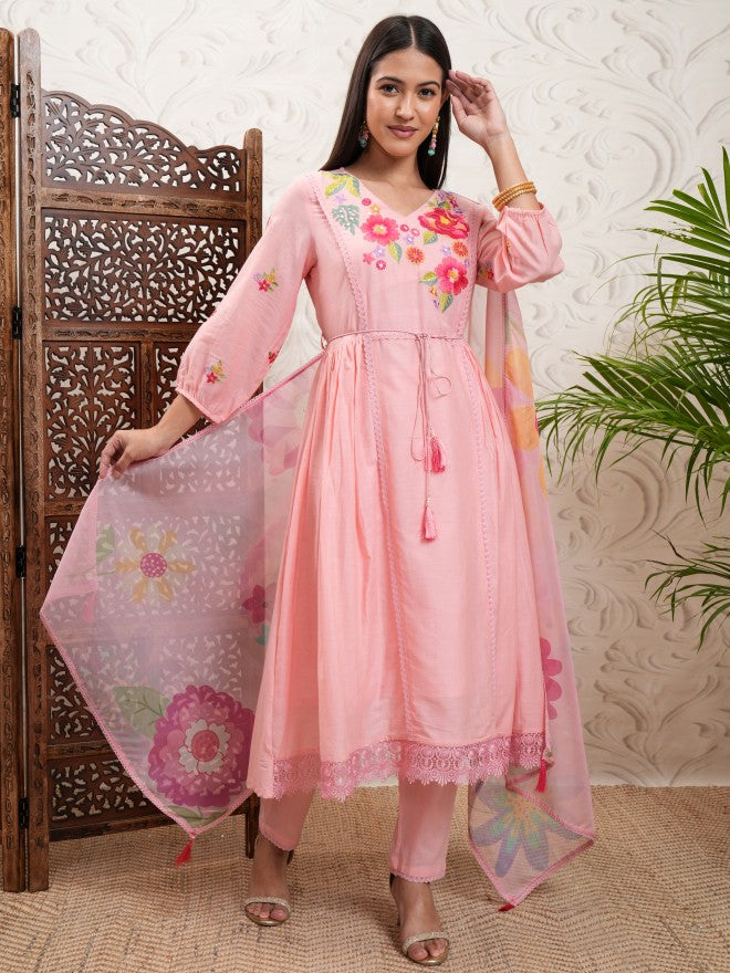 Vishudh Women Peach Printed Kurta With Trouser And Dupatta - Peach - Image 2