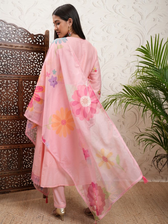Vishudh Women Peach Printed Kurta With Trouser And Dupatta - Peach - Image 3