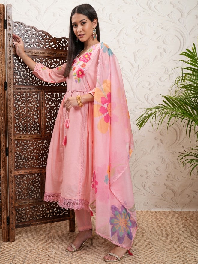Vishudh Women Peach Printed Kurta With Trouser And Dupatta - Peach - Image 4