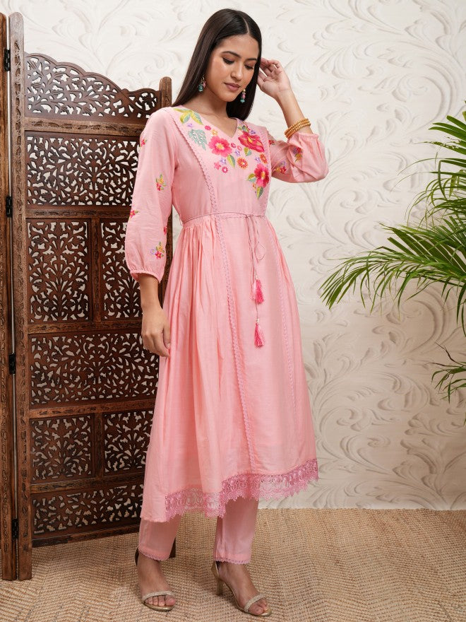 Vishudh Women Peach Printed Kurta With Trouser And Dupatta - Peach - Image 6