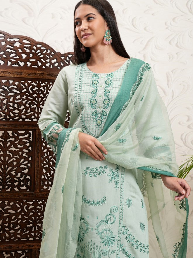 Vishudh Women Green Embroidered Kurta With Trouser And Dupatta - Green - Image 1