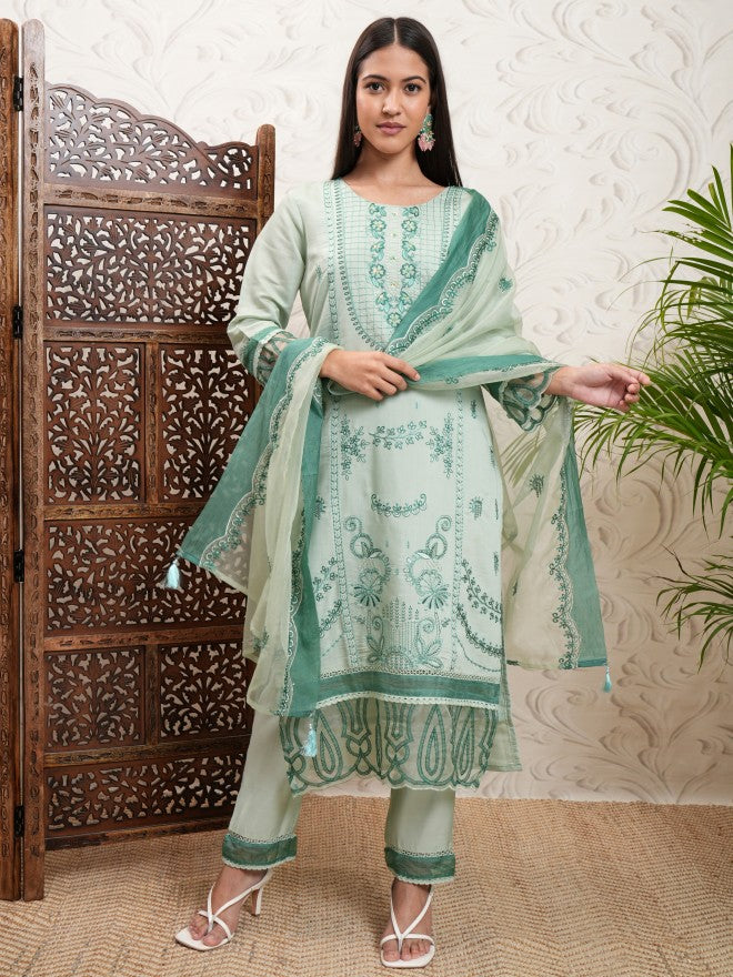 Vishudh Women Green Embroidered Kurta With Trouser And Dupatta - Green - Image 2