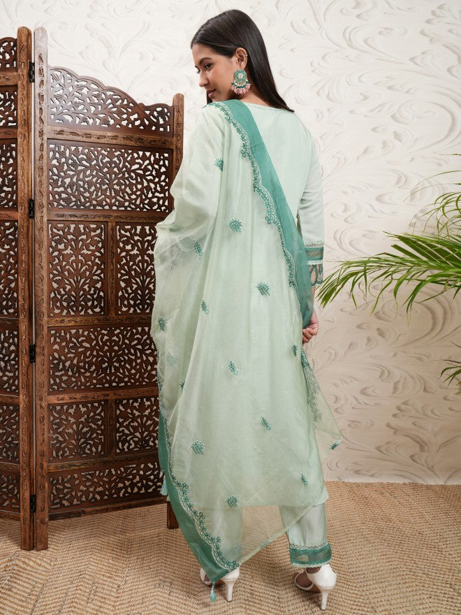 Vishudh Women Green Embroidered Kurta With Trouser And Dupatta - Green - Image 3