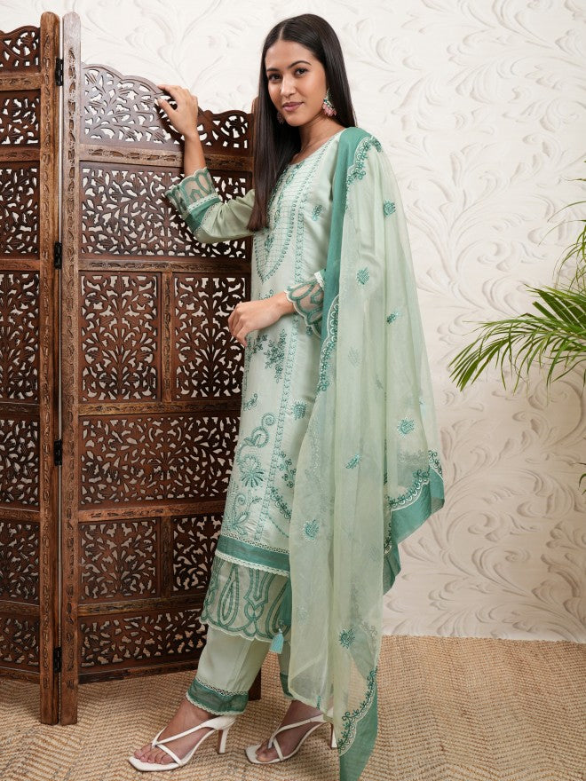 Vishudh Women Green Embroidered Kurta With Trouser And Dupatta - Green - Image 4