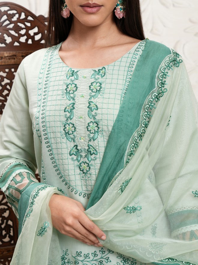 Vishudh Women Green Embroidered Kurta With Trouser And Dupatta - Green - Image 5