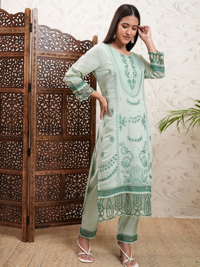 Vishudh Women Green Embroidered Kurta With Trouser And Dupatta - Green - Image 6