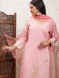 Vishudh Women Coral Embroidered Kurta With Trouser And Dupatta - Coral - Image 1