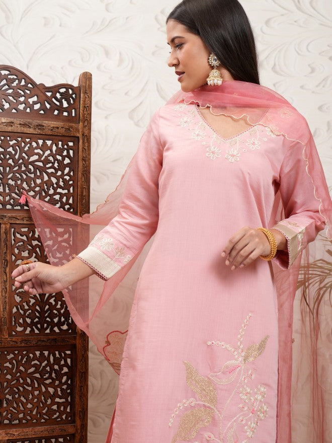 Vishudh Women Coral Embroidered Kurta With Trouser And Dupatta - Coral - Image 1