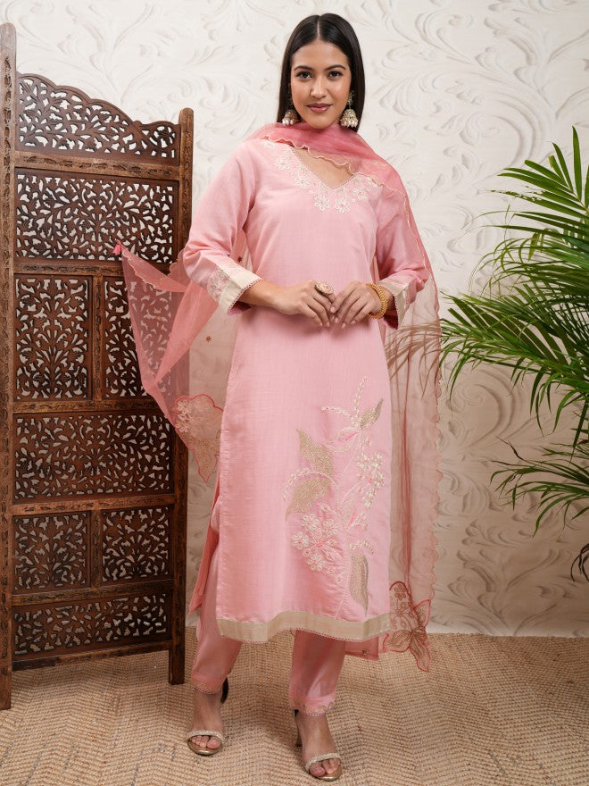 Vishudh Women Coral Embroidered Kurta With Trouser And Dupatta - Coral - Image 2