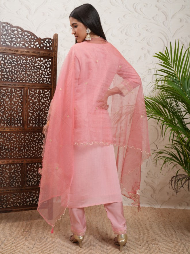 Vishudh Women Coral Embroidered Kurta With Trouser And Dupatta - Coral - Image 3