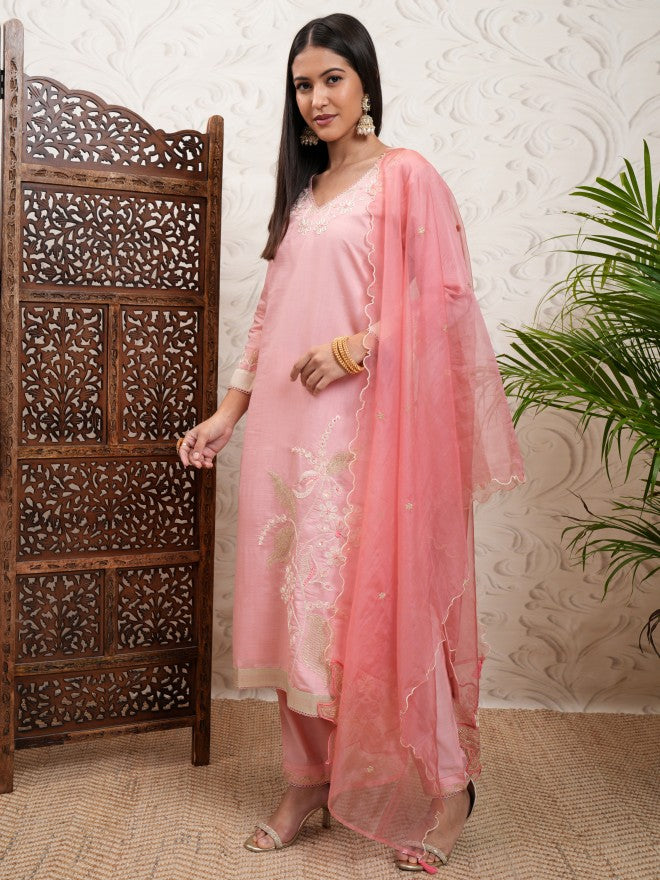 Vishudh Women Coral Embroidered Kurta With Trouser And Dupatta - Coral - Image 4