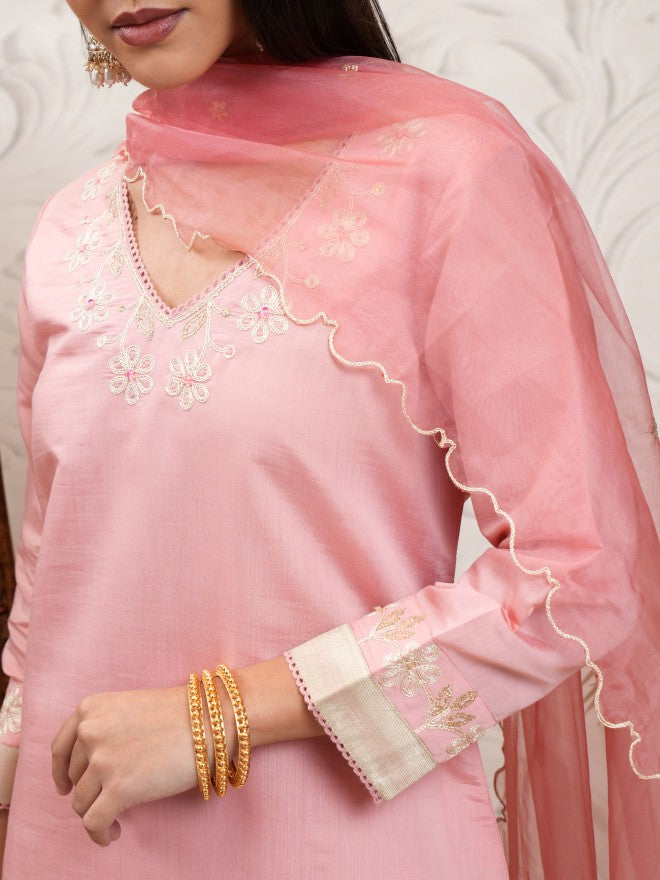 Vishudh Women Coral Embroidered Kurta With Trouser And Dupatta - Coral - Image 5