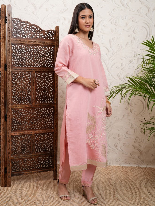 Vishudh Women Coral Embroidered Kurta With Trouser And Dupatta - Coral - Image 6