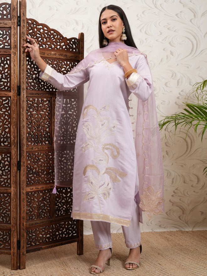 Vishudh Women Purple Embroidered Kurta With Trouser And Dupatta - Purple - Image 2