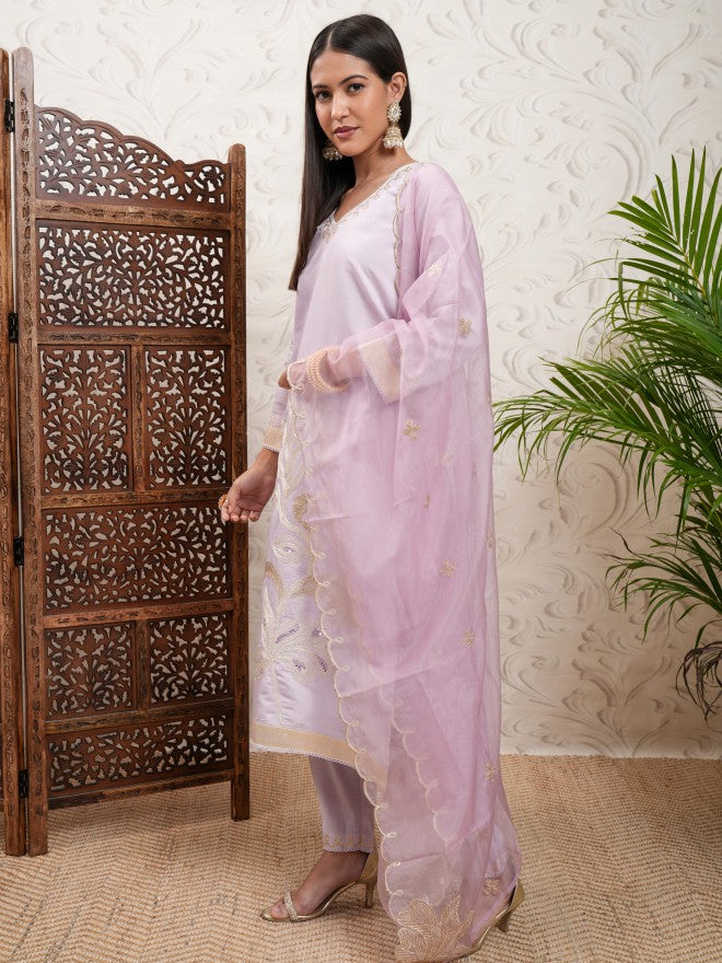 Vishudh Women Purple Embroidered Kurta With Trouser And Dupatta - Purple - Image 4
