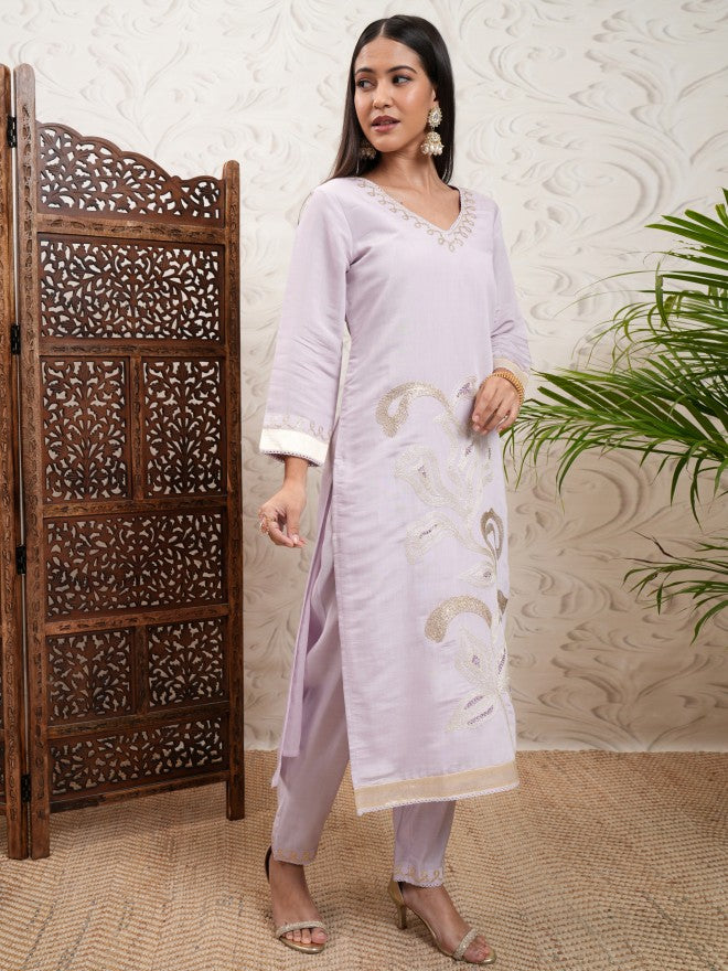 Vishudh Women Purple Embroidered Kurta With Trouser And Dupatta - Purple - Image 6