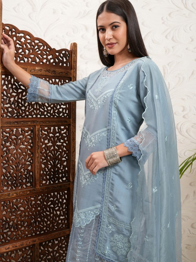 Vishudh Women Grey Embroidered Kurta With Trouser And Dupatta - Grey - Image 1