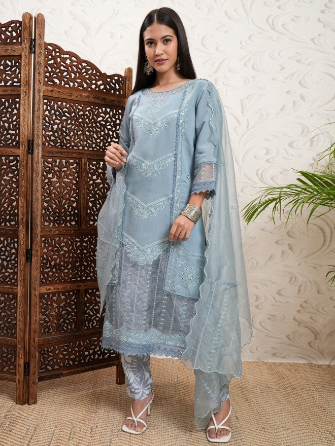 Vishudh Women Grey Embroidered Kurta With Trouser And Dupatta - Grey - Image 2