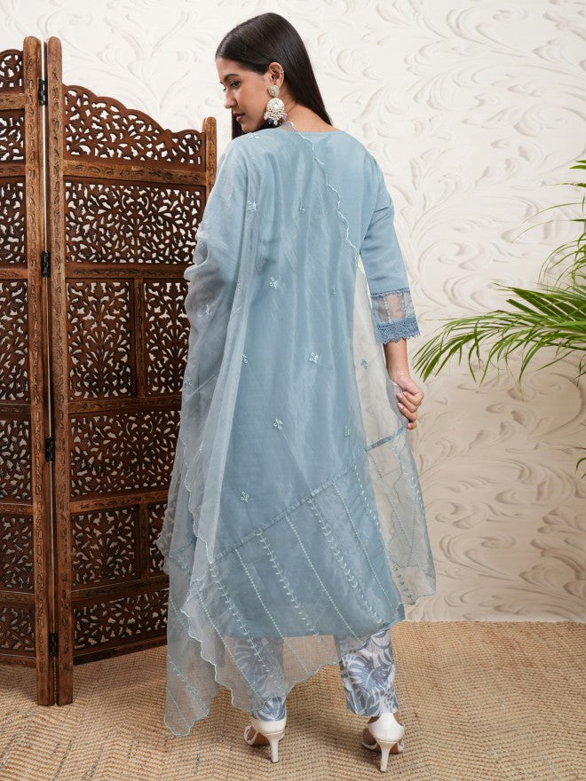 Vishudh Women Grey Embroidered Kurta With Trouser And Dupatta - Grey - Image 3
