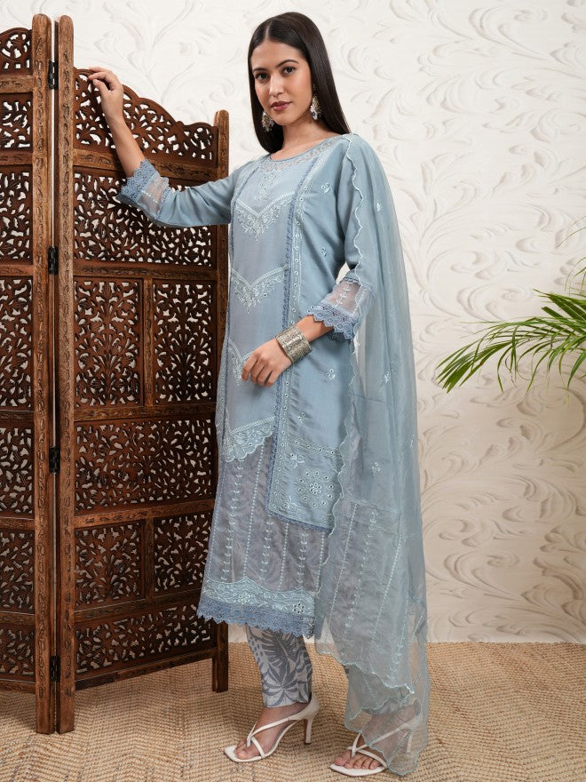Vishudh Women Grey Embroidered Kurta With Trouser And Dupatta - Grey - Image 4