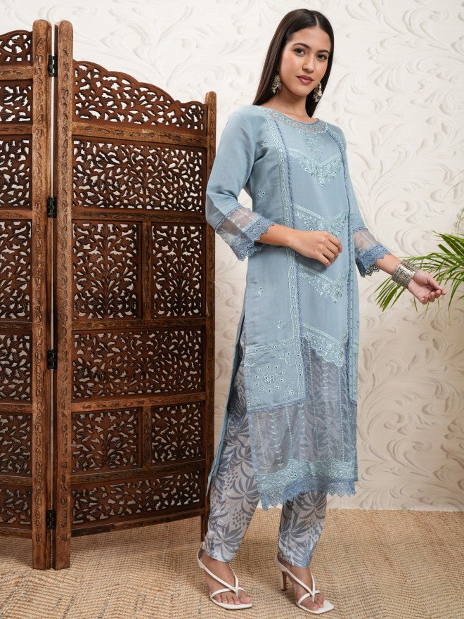 Vishudh Women Grey Embroidered Kurta With Trouser And Dupatta - Grey - Image 6