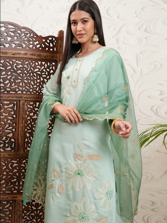 Vishudh Women Green Embroidered Kurta With Trouser And Dupatta - Green - Image 1