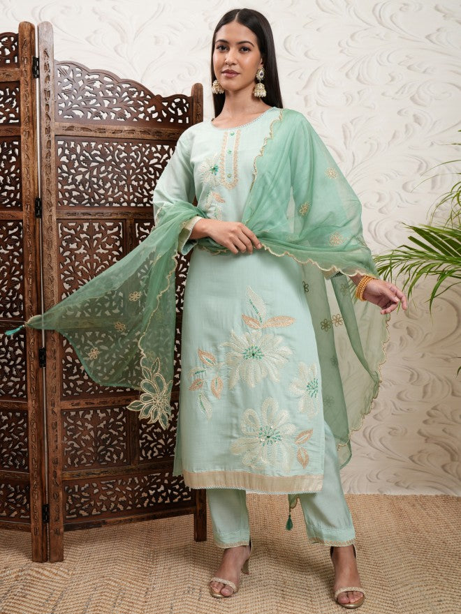 Vishudh Women Green Embroidered Kurta With Trouser And Dupatta - Green - Image 2
