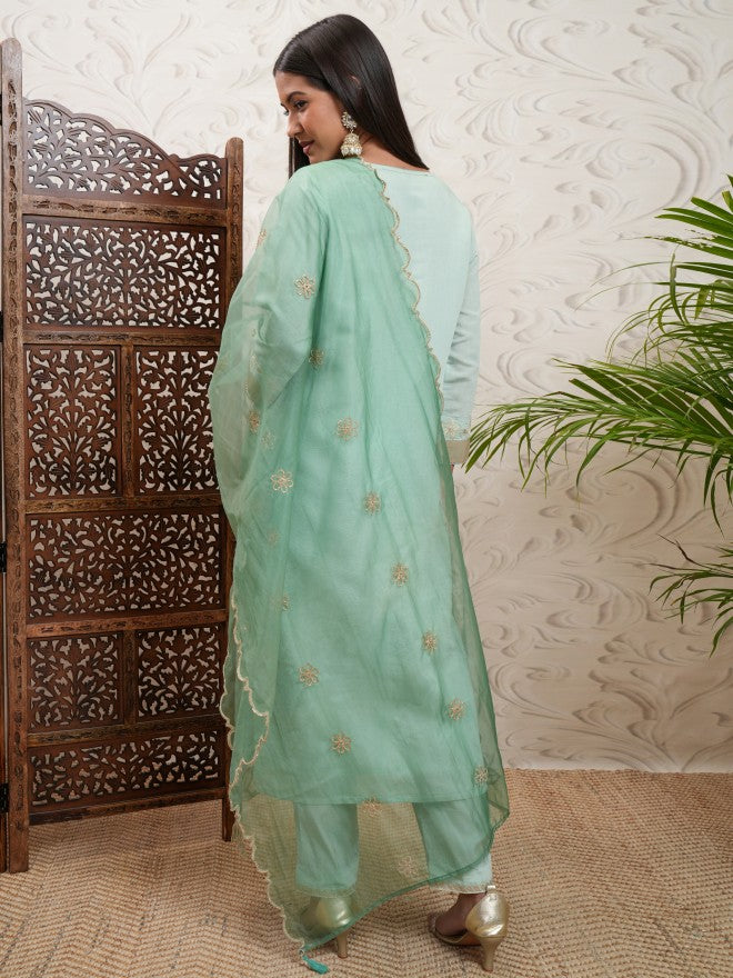 Vishudh Women Green Embroidered Kurta With Trouser And Dupatta - Green - Image 3