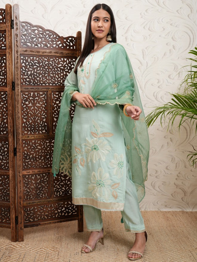 Vishudh Women Green Embroidered Kurta With Trouser And Dupatta - Green - Image 4