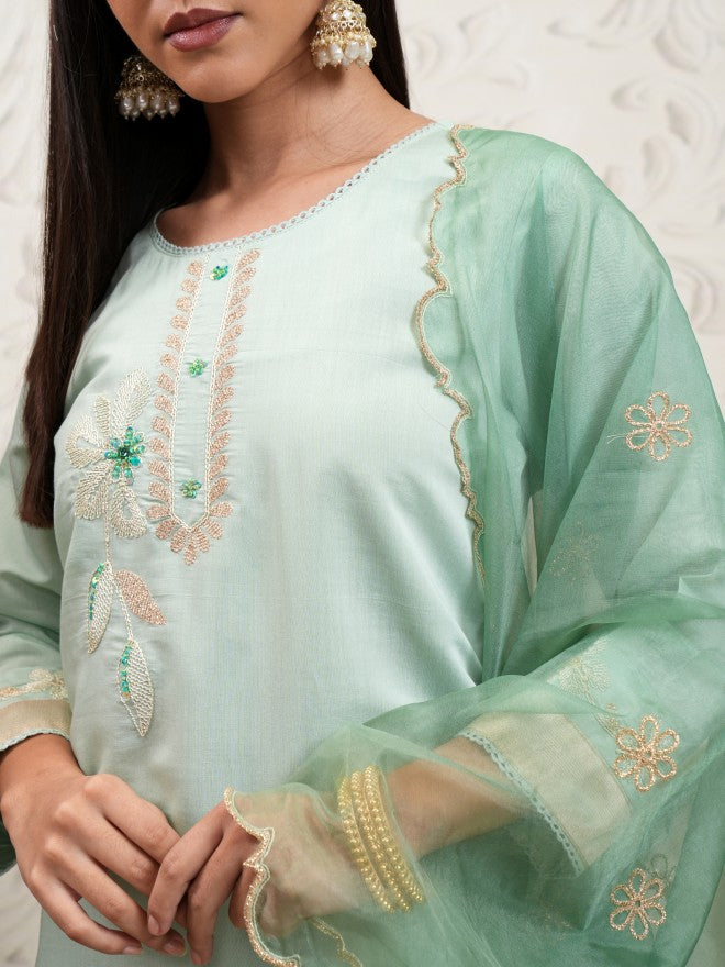 Vishudh Women Green Embroidered Kurta With Trouser And Dupatta - Green - Image 5