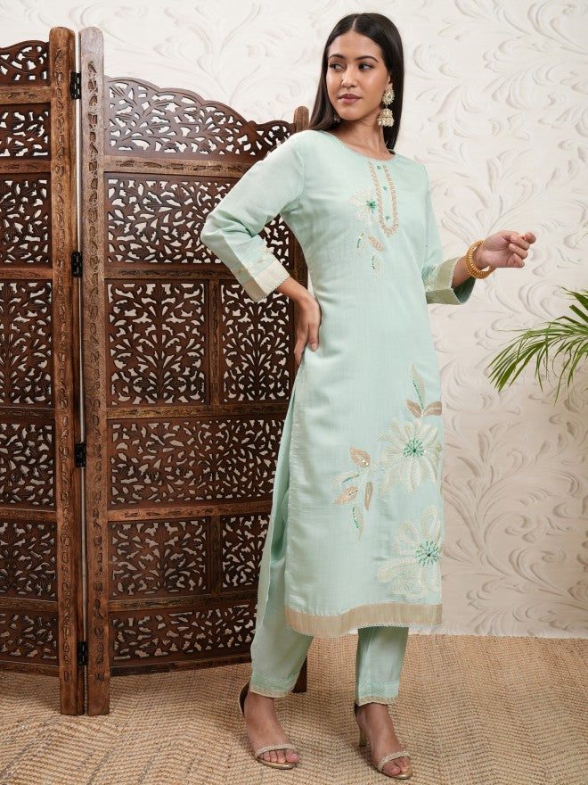 Vishudh Women Green Embroidered Kurta With Trouser And Dupatta - Green - Image 6