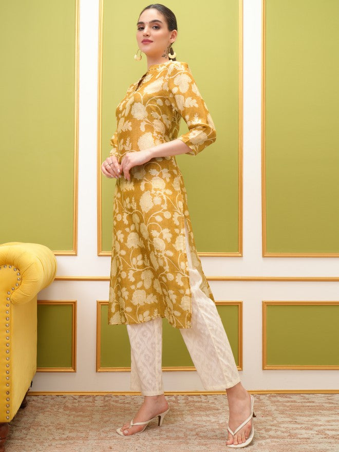 Vishudh Women Mustard Printed Straight Kurta - Mustard - Image 2