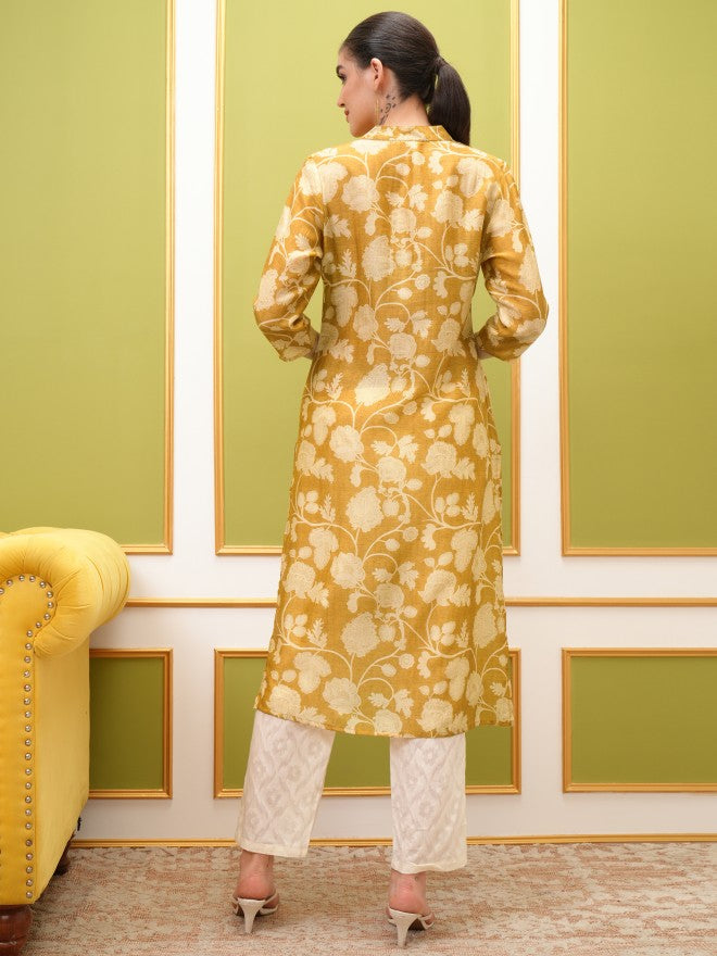 Vishudh Women Mustard Printed Straight Kurta - Mustard - Image 3