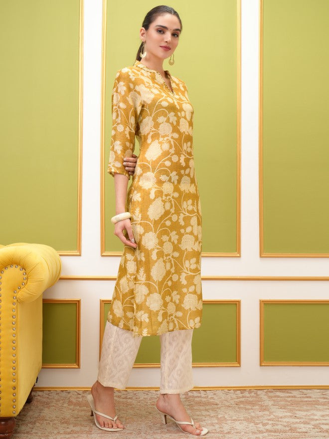 Vishudh Women Mustard Printed Straight Kurta - Mustard - Image 4