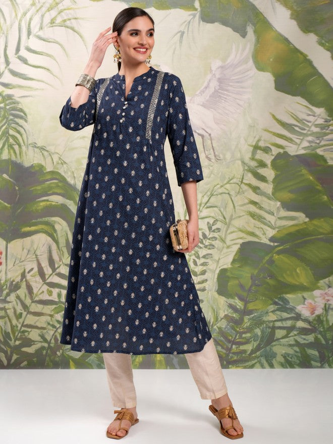 Vishudh Women Navy Blue Printed A-Line Kurta - Navy Blue - Image 2