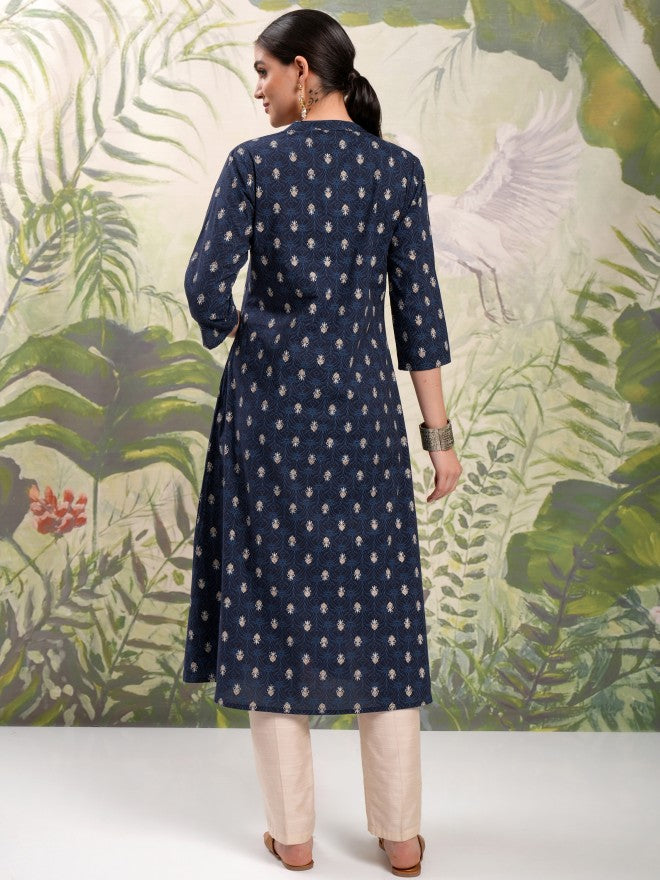 Vishudh Women Navy Blue Printed A-Line Kurta - Navy Blue - Image 3