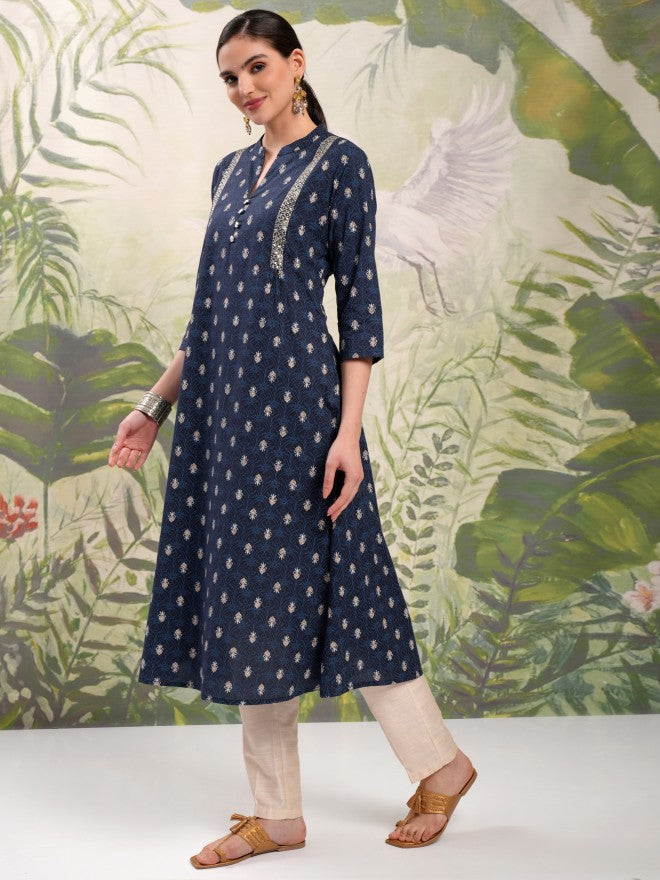 Vishudh Women Navy Blue Printed A-Line Kurta - Navy Blue - Image 4