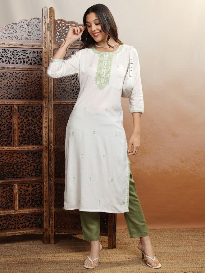 Vishudh Women White Embroidered Straight Kurta - White - Image 2