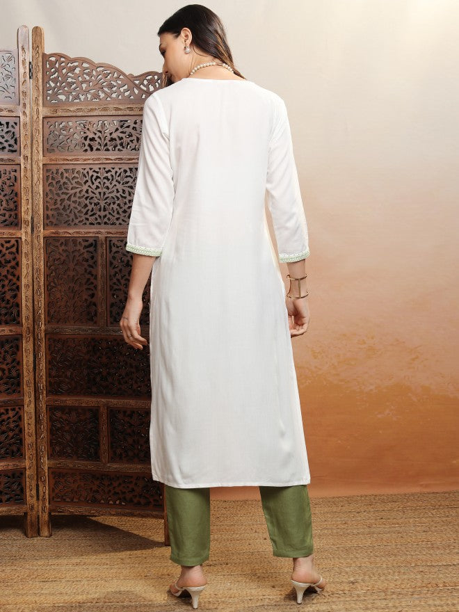 Vishudh Women White Embroidered Straight Kurta - White - Image 3