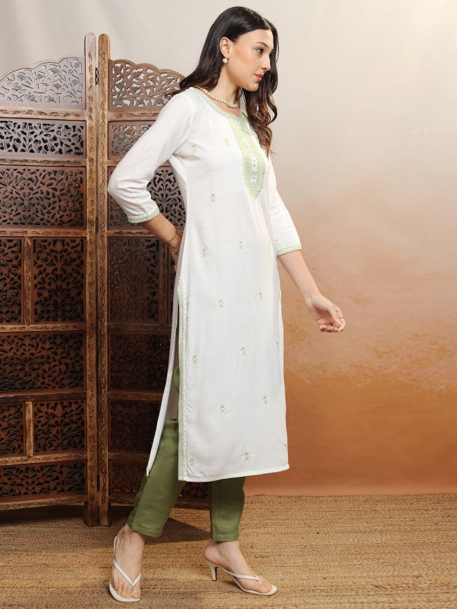 Vishudh Women White Embroidered Straight Kurta - White - Image 6