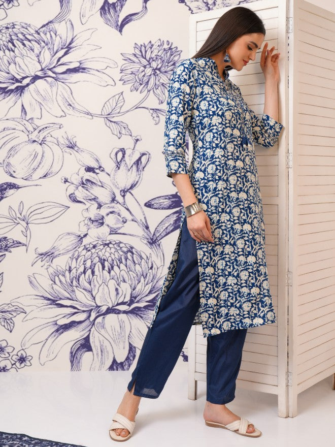Vishudh Women Blue Printed Straight Kurta - Blue - Image 6