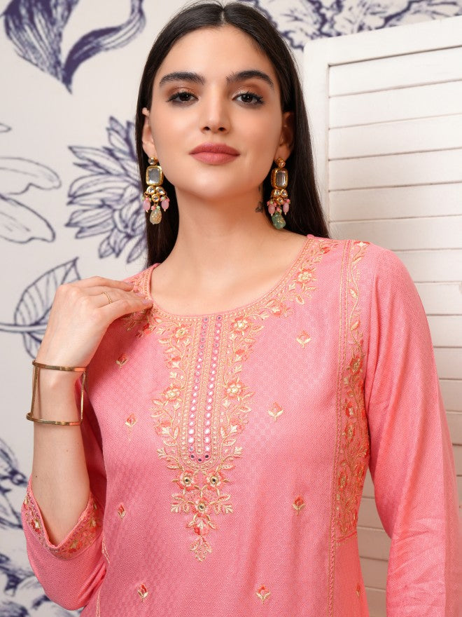 Vishudh Women Peach Embroidered Straight Kurta - Peach - Image 2