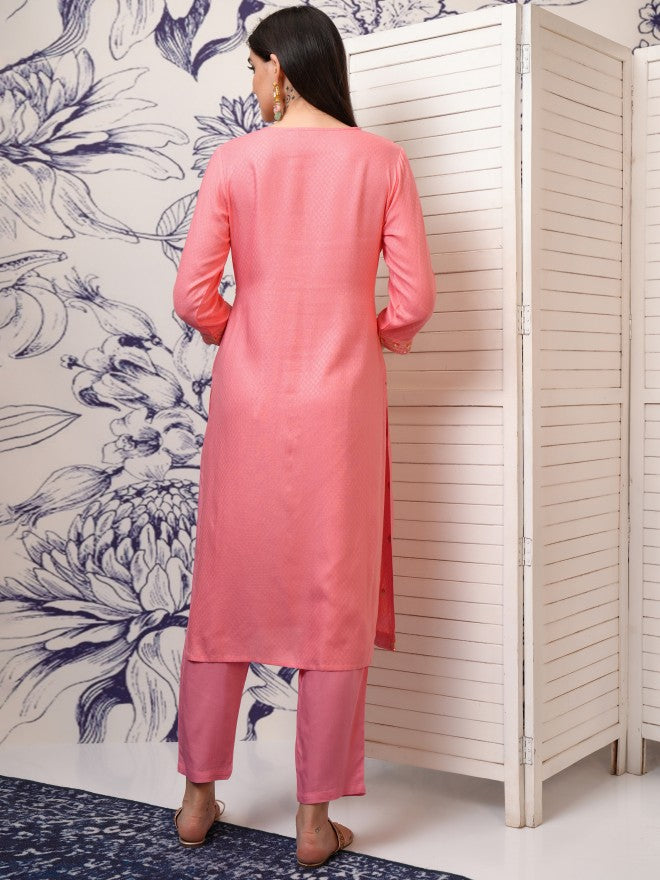 Vishudh Women Peach Embroidered Straight Kurta - Peach - Image 3