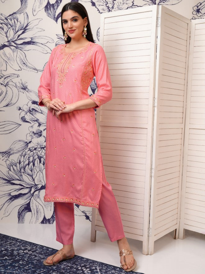 Vishudh Women Peach Embroidered Straight Kurta - Peach - Image 4