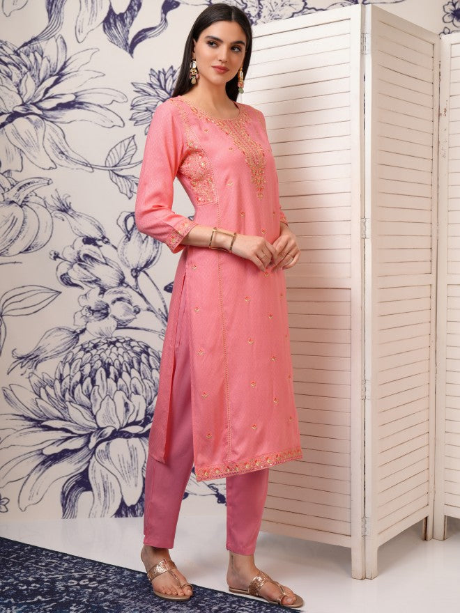 Vishudh Women Peach Embroidered Straight Kurta - Peach - Image 6